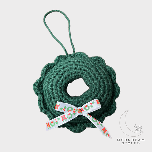 Handmade Crochet Mini Wreath Ornament with Ribbon Green