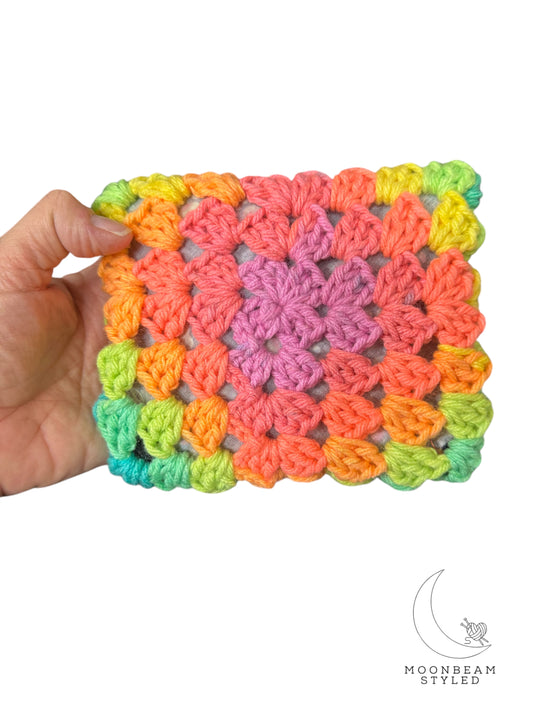 Handmade Crochet Granny Square Pouch – Bright Neon Pop