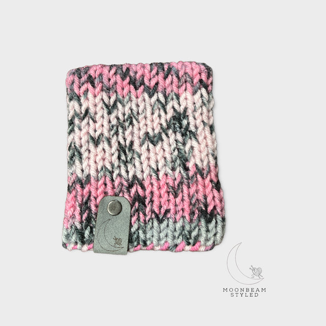 Handmade Knit Cup Cozy Pink And Gray
