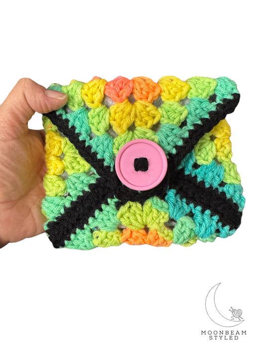 Handmade Crochet Granny Square Pouch – Bright Neon Pop