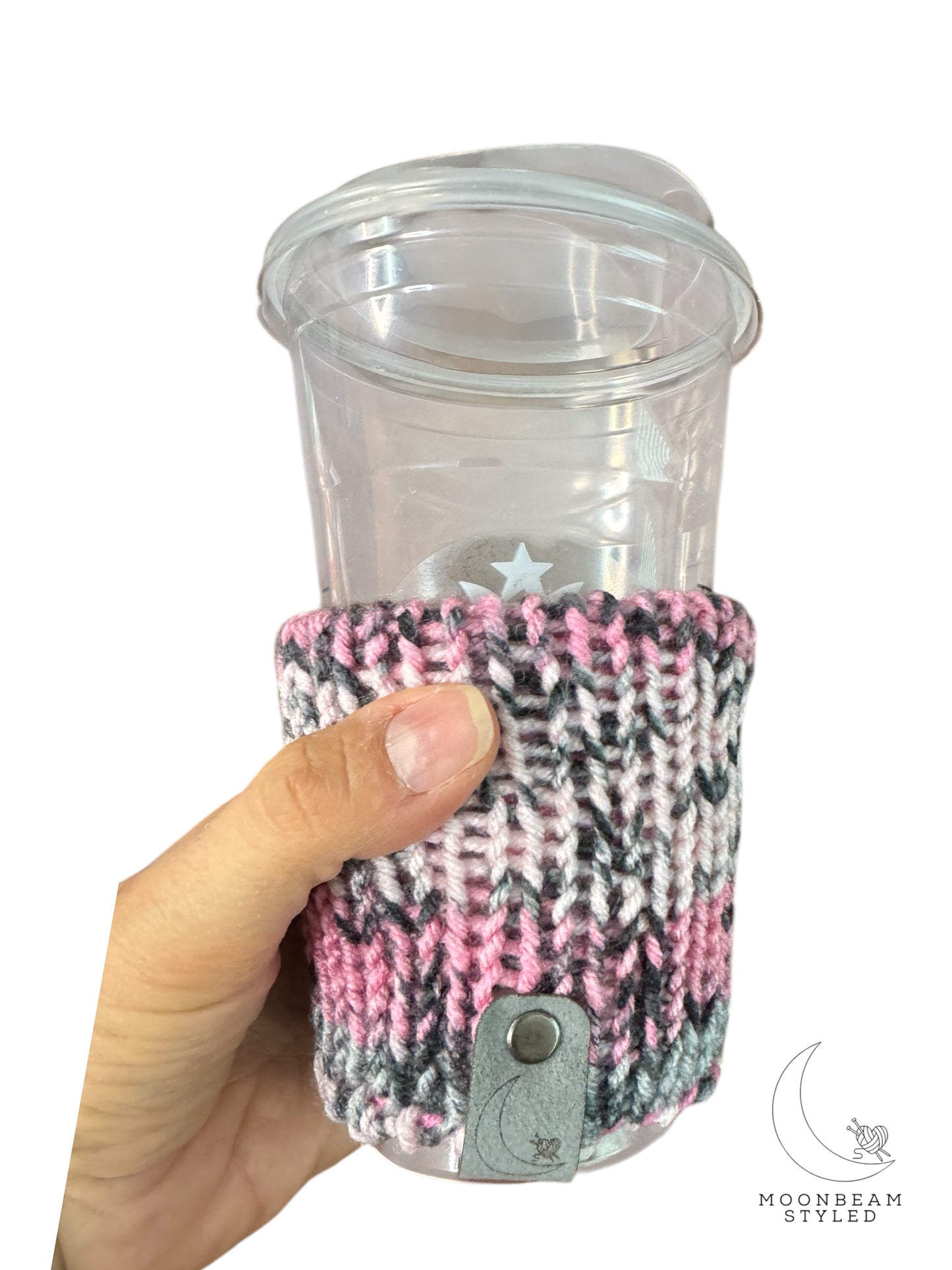 Handmade Knit Cup Cozy Pink And Gray